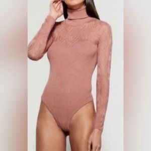 Free People Pretty in Pointella Knit Ribbed Turtleneck MauveSweater Bodysuit